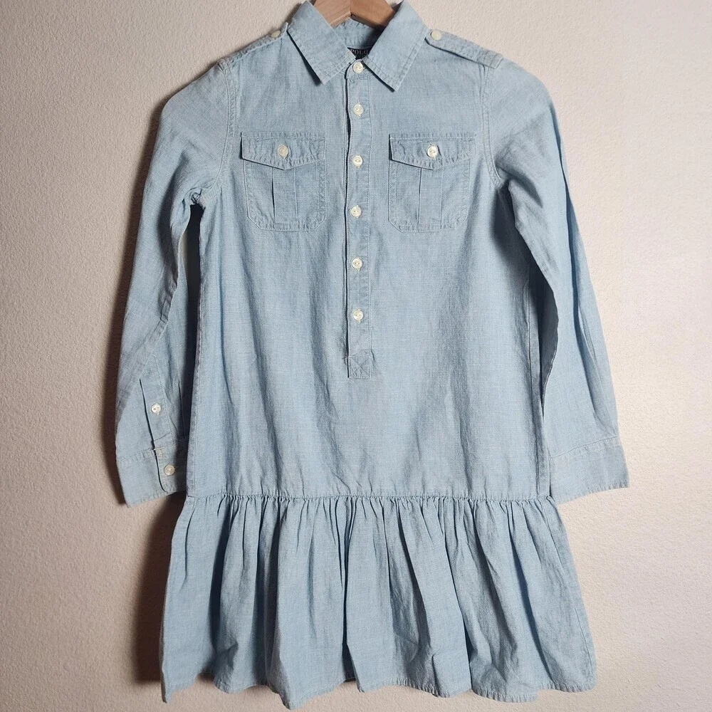 Polo Ralph Lauren Dress Girls 10 Blue Chambray Shirt Dress Drop Waist Ruffle Hem